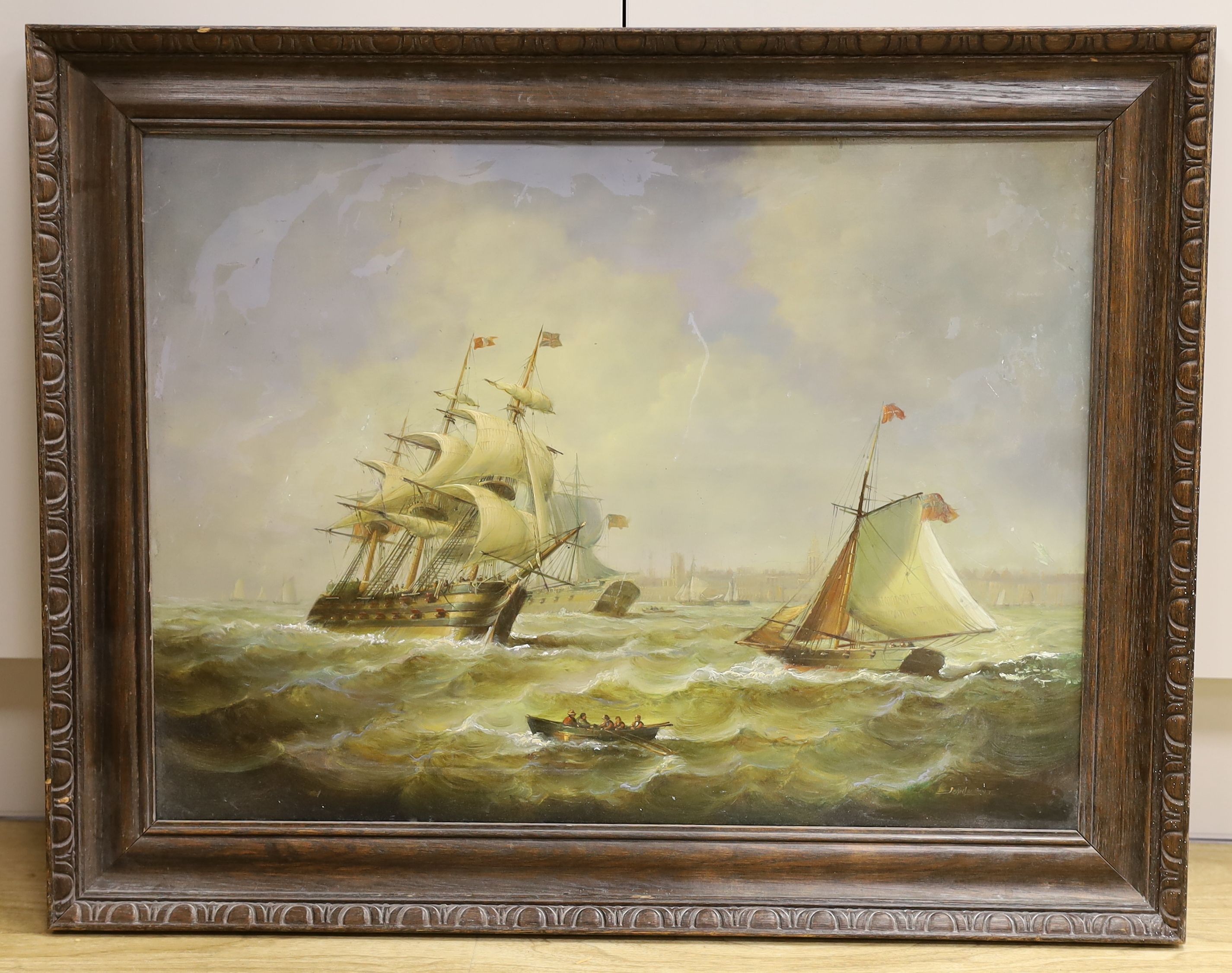 Jean Laurent (French, 1898-1988), oil on panel, Man O'War and sailing vessels in a choppy sea, signed, 44 x 60cm